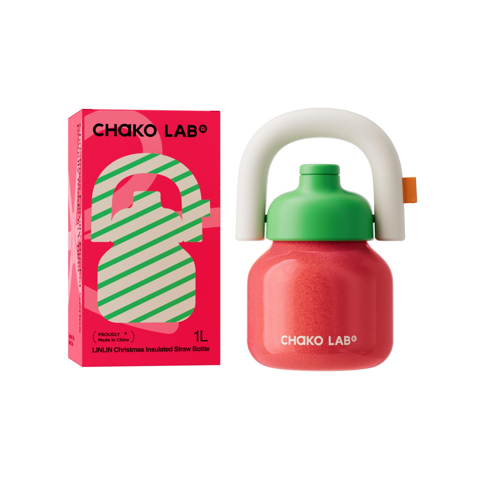 CHAKO LAB Water Bottle with Straw and Carry Handle | Wide Mouth vacuum insulated stainless steel Bottles | Reusable, leak-proof and BPA-free | 33oz(Green&Orange)