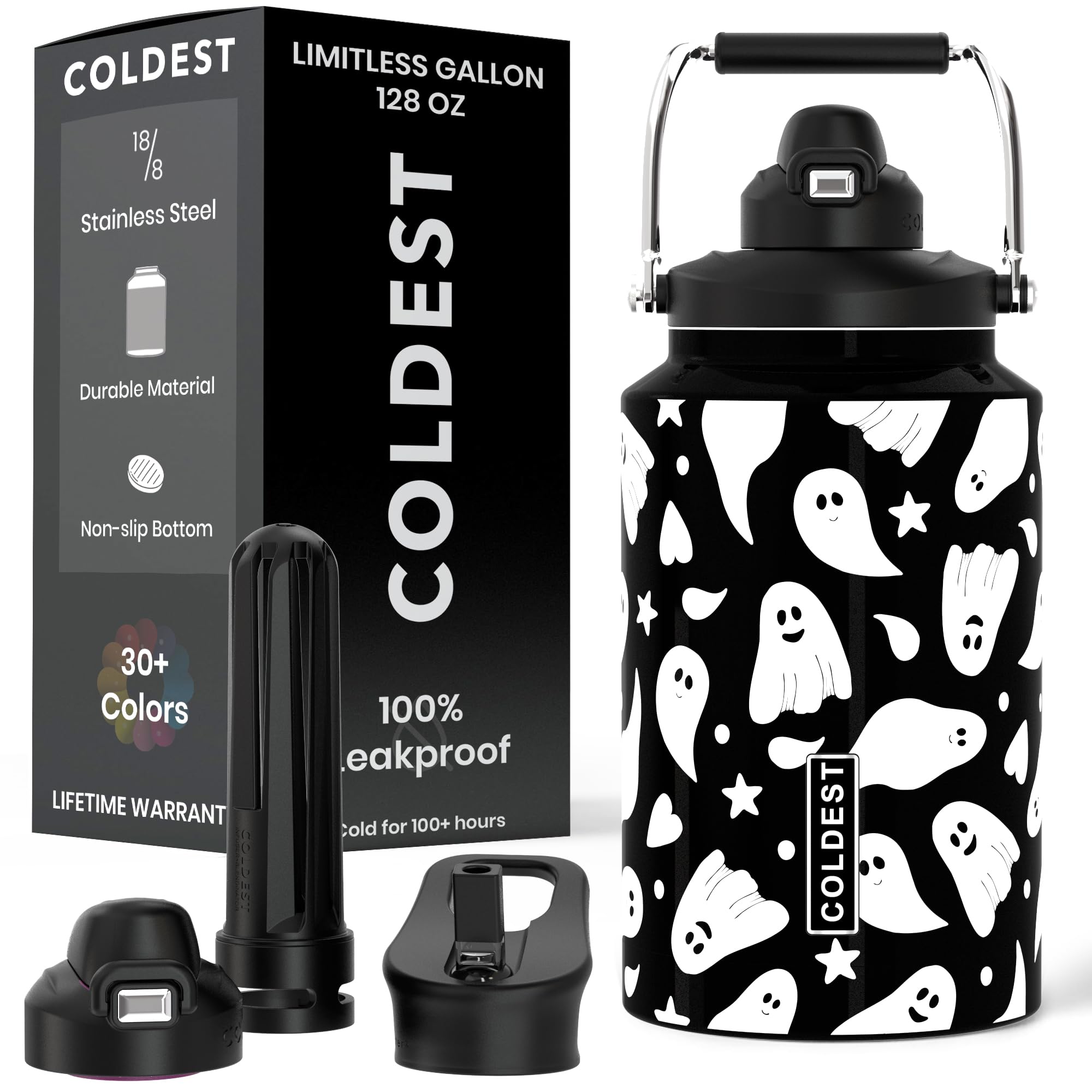 Coldest 128 oz Tumbler with Handle and Straw - 100% Spill Proof Tumbler with Straw (3 Lids) - Stainless Steel Insulated Leakproof Tumblers for Women & Men - Cup Holder Friendly - 128oz (Stealth Black)