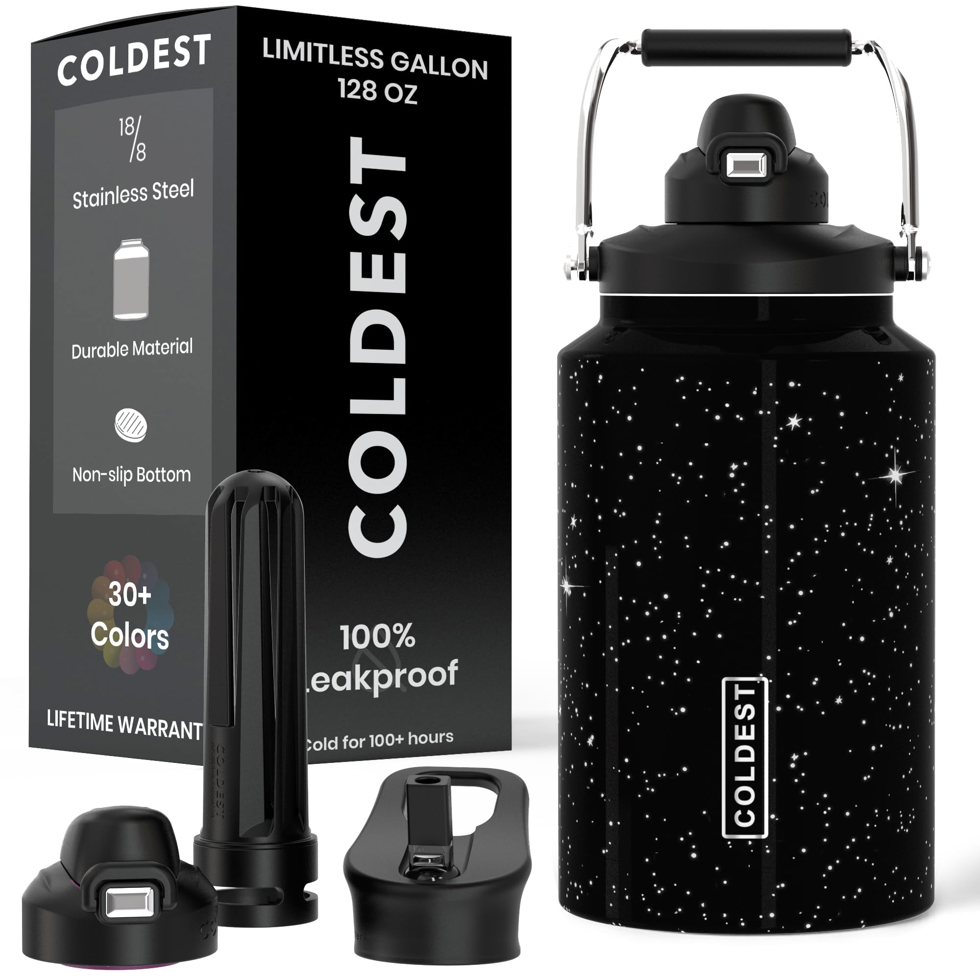 Coldest 128 oz Tumbler with Handle and Straw - 100% Spill Proof Tumbler with Straw (3 Lids) - Stainless Steel Insulated Leakproof Tumblers for Women & Men - Cup Holder Friendly - 128oz (Stealth Black)